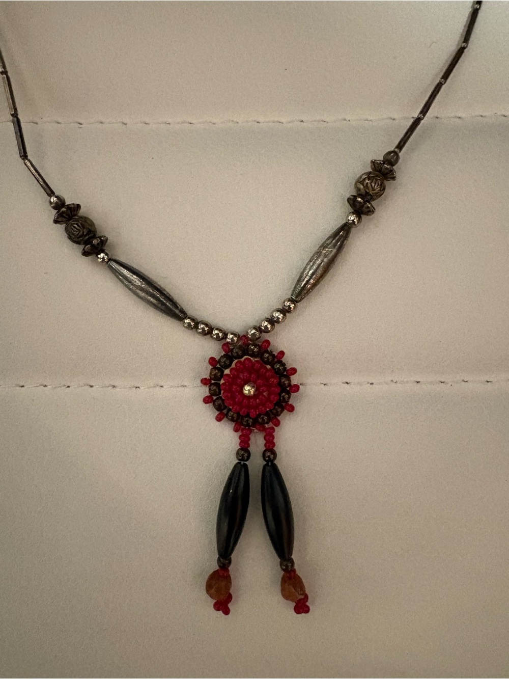 Handcrafted Red, Black and Silver-plated Beaded Bolo Necklace